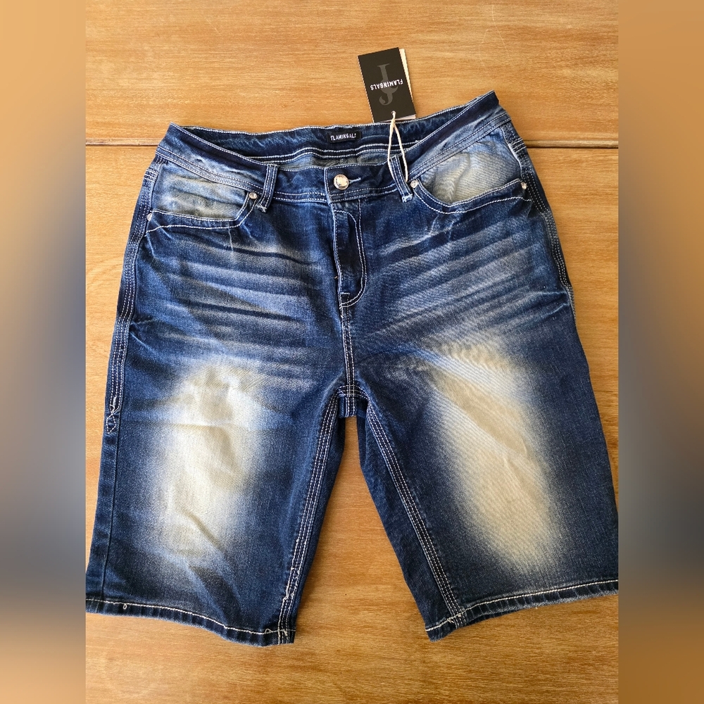 Flamingals Women Washed Stretchy Stitch Detail Mid Rise Denim Bermuda Short